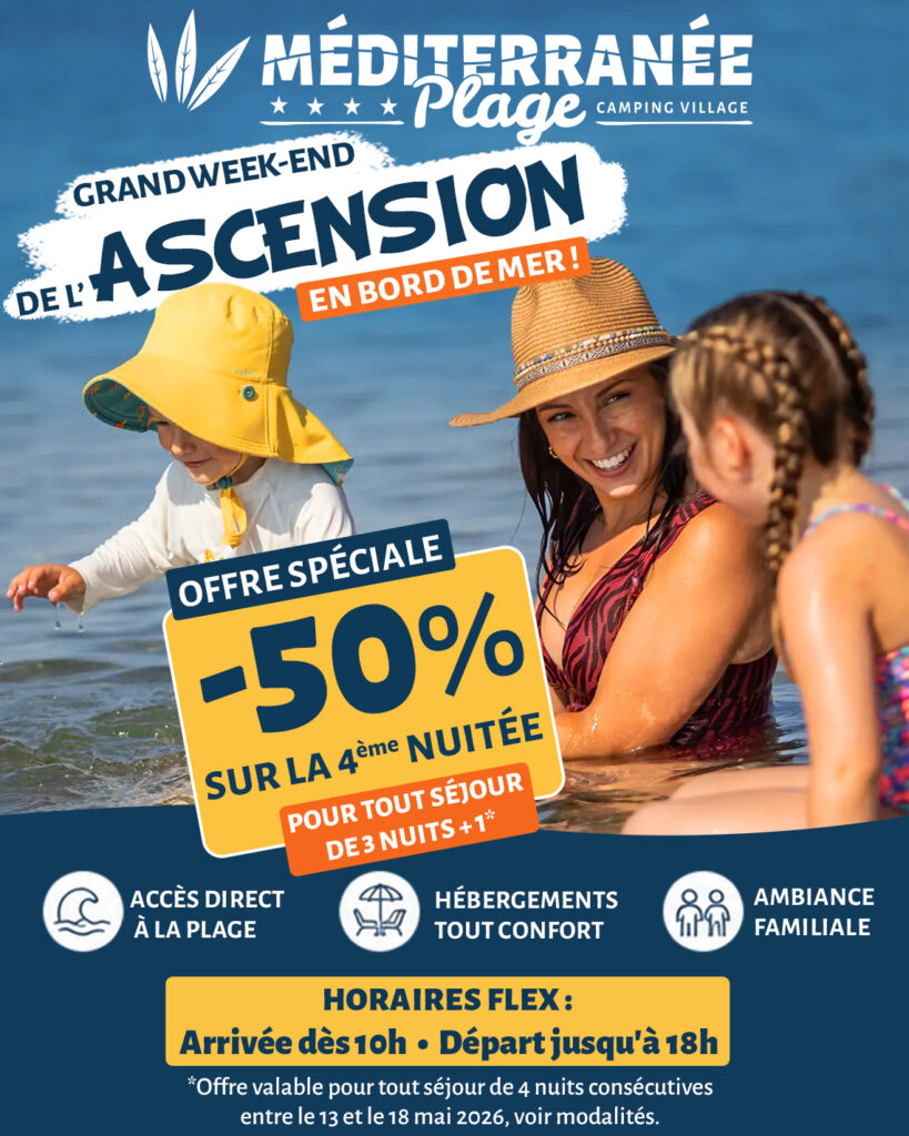 Famille à la plage, offre camping Ascension -50%